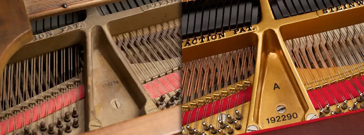 Before and after photo showing a piano harp that started worn out and was restored into like new condition.